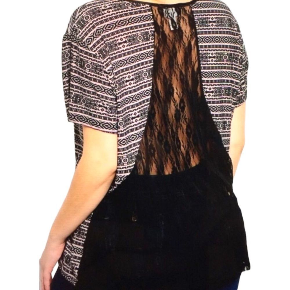 Short Sleeve Tribal Black Lace Back Panel Top NEW